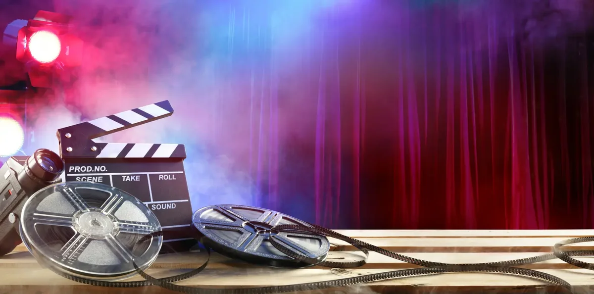 Retro 1970s and 1980s pop culture collage with film props