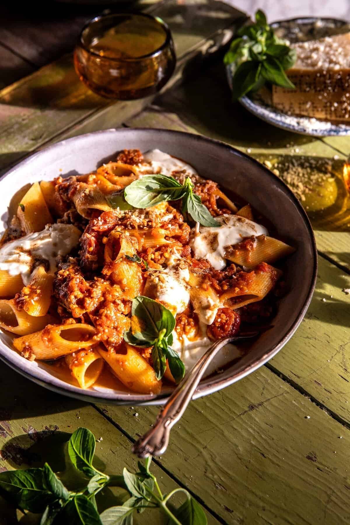 One-pot bolognese pasta with ground beef and herbs