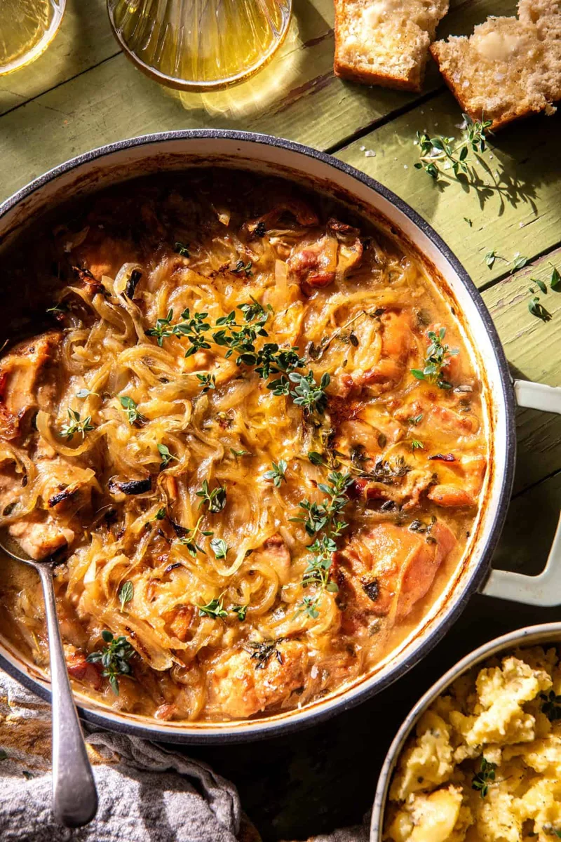 Crockpot pumpkin beer braised chicken served in a pot